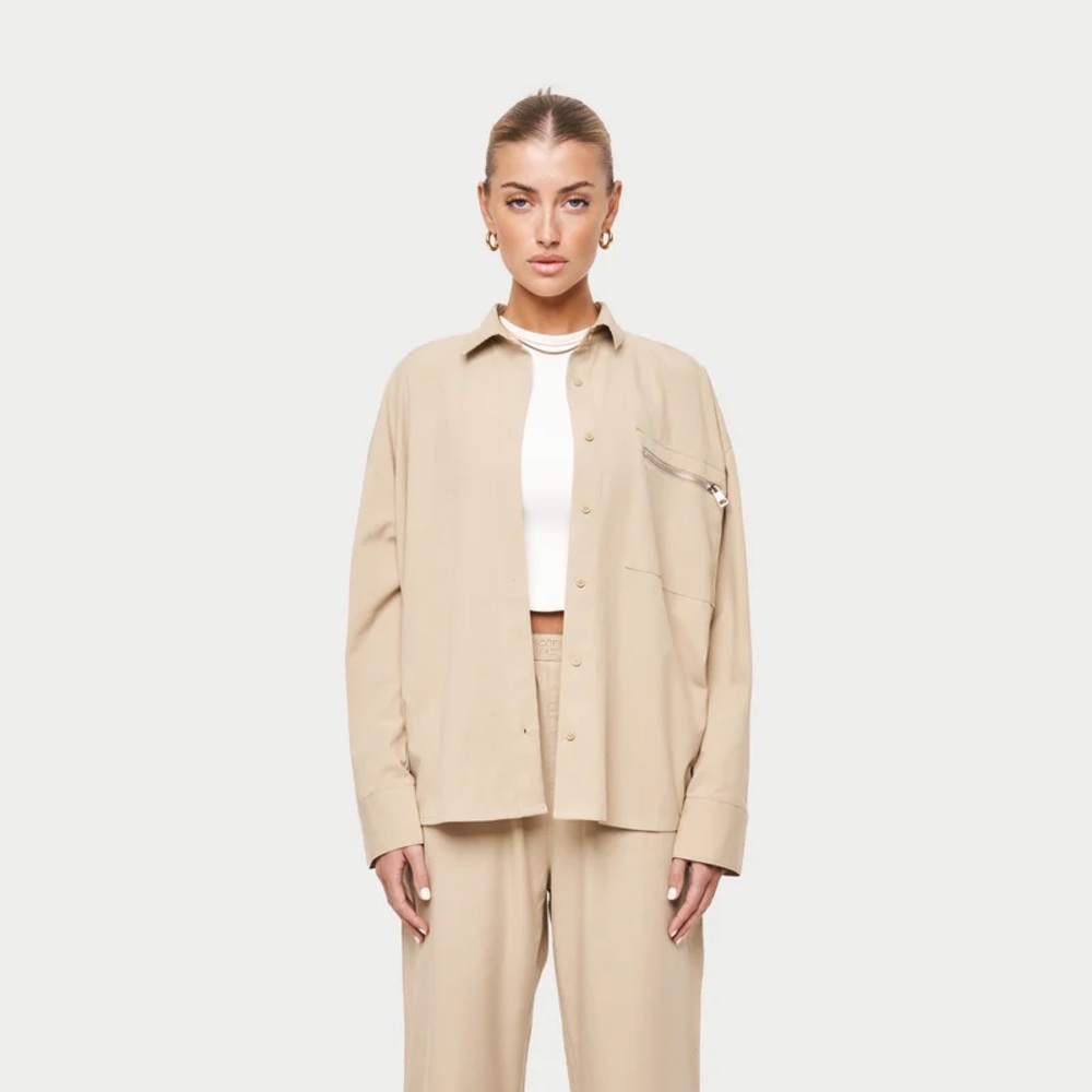 NWT COTTON POPLIN OVERSIZED LOUNGE SHIRT - TAN